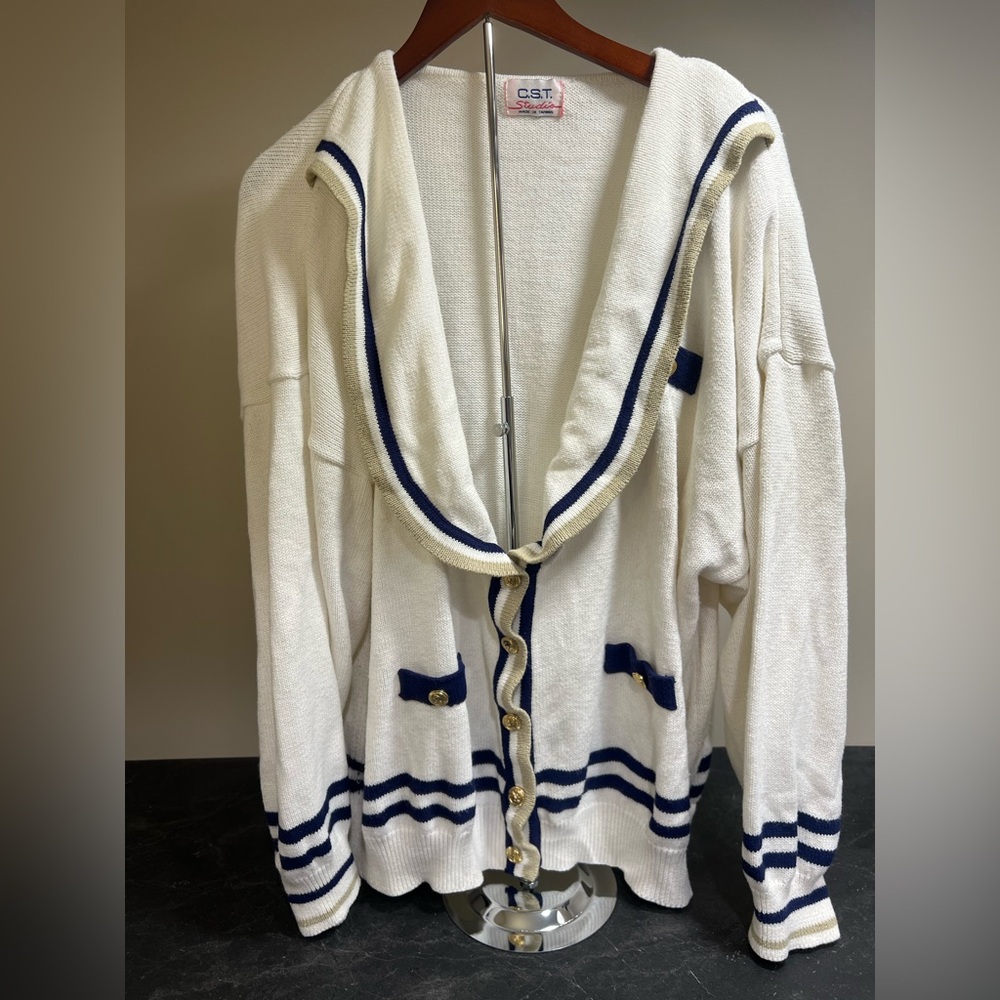 Vintage Costal Grandma White Cardigan with Navy & Tan with Gold speckled Stripes